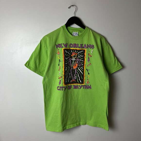 Vintage 90s New Orleans T Shirt Adult Green Large L USA Single Stitch Solid Logo - Picture 11 of 16